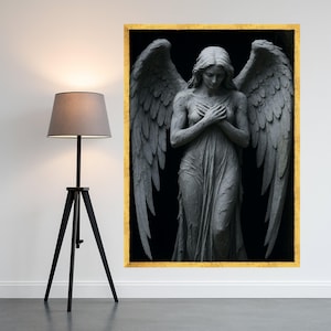 Serene Angel Statue Canvas Wall Art, Spiritual Winged Figure, Gothic Home Decor, Prayer Pose Sculpture Print, Dark Background Ready To Hang