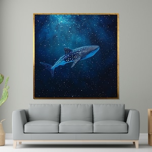 Lienzo con tiburón ballena, decoración de pared con océano estrellado, impresión en lienzo con vida marina, arte de pared con animales, póster del océano, decoración lista para colgar
