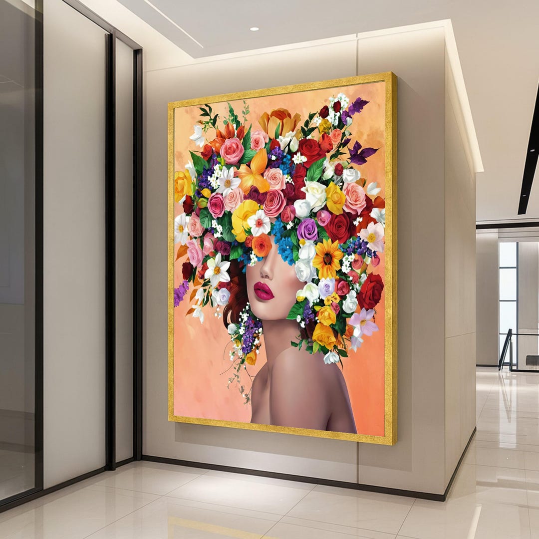 Floral Crown Portrait Canvas, Woman Face Art, Colorful Flowers Wall Art ...
