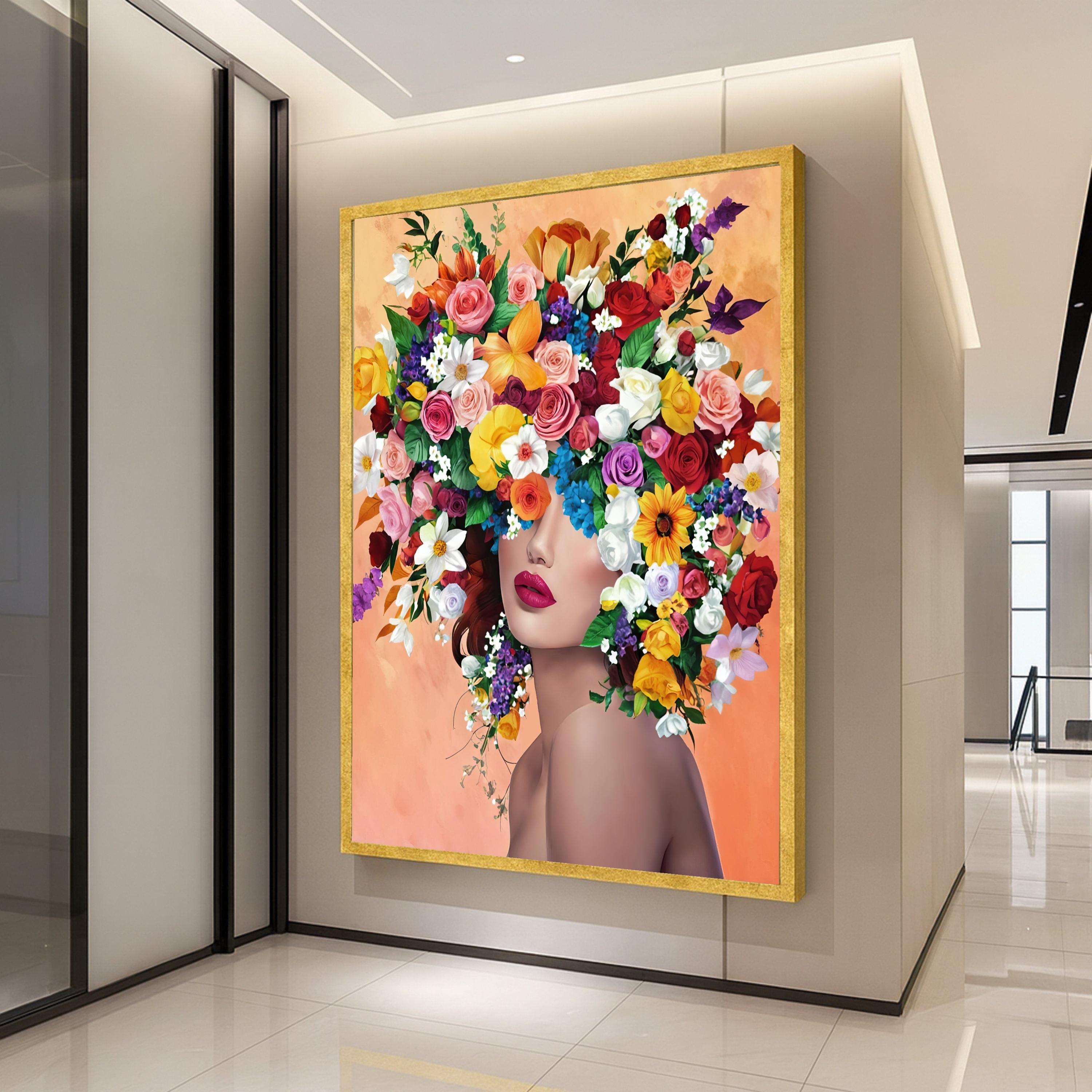 Floral Crown Portrait Canvas, Woman Face Art, Colorful Flowers Wall Art ...