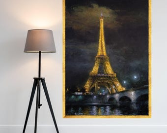 Illuminated Eiffel Tower Canvas, Paris Night Scene Wall Art, Iconic Landmark Painting, Cityscape Canvas Decor, Romantic Home Ready To Hang,