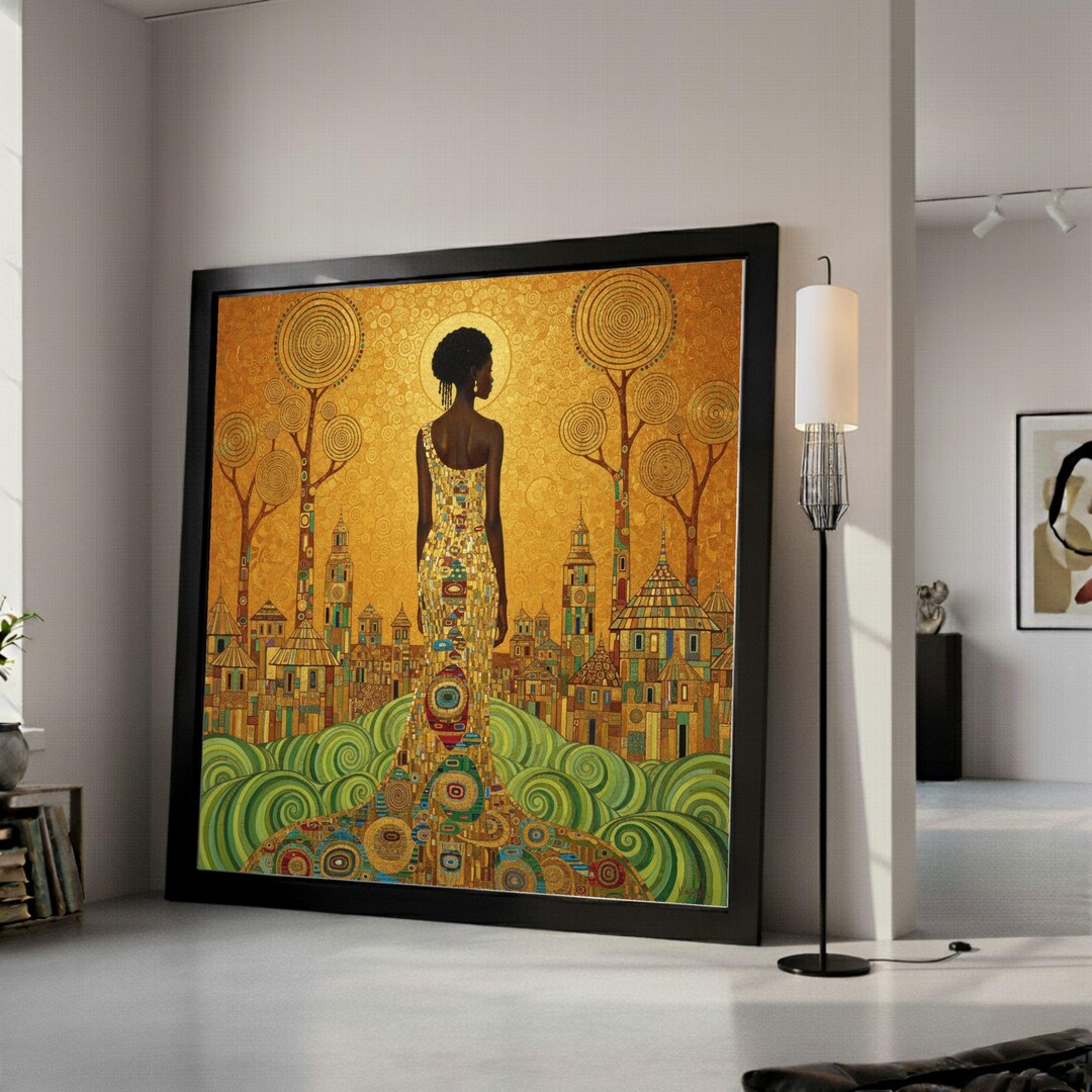 Gustav Klimt Elegant Woman Canvas Wall Art, Gold and Green Abstract ...
