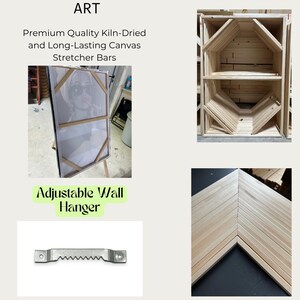 May include: The image showcases canvas stretcher bars, an adjustable wall hanger, and a completed canvas art piece. Text includes "CANVAPASSIONSTATION" and "MORE THAN JUST ART". The stretcher bars are made of light-colored wood, and the hanger is silver metal.