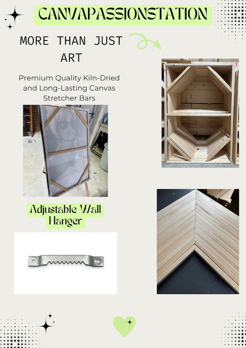 May include: The image showcases canvas stretcher bars, an adjustable wall hanger, and a completed canvas art piece. Text includes "CANVAPASSIONSTATION" and "MORE THAN JUST ART". The stretcher bars are made of light-colored wood, and the hanger is silver metal.