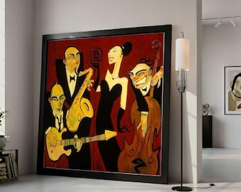Toile de performance de groupe de jazz, oeuvre d'art murale de scène musicale vintage, peinture de musiciens de jazz rétro, décoration musicale pour la maison, mur de toile prêt à accrocher,