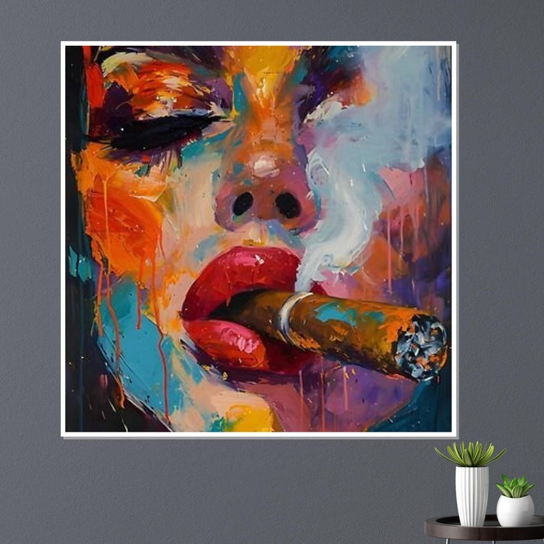 May include: Abstract painting of a face with closed eyes, vibrant colors, and a cigar in the mouth. The artwork features bold brushstrokes and a mix of orange, red, blue, and purple hues, with smoke rising from the cigar.