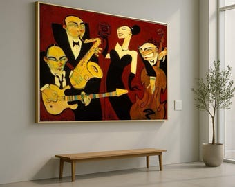 Vintage Jazz Band Canvas Wall Art, Retro Musician Illustration, Live Jazz Scene Canvas, Musical Home Decor, Stylish Wall Art Ready To Hang,