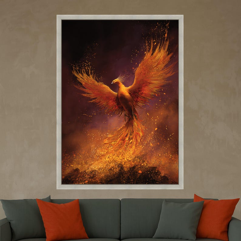 Majestic Phoenix Rising Canvas Wall Art, Fiery Bird of Flame, Mythical ...
