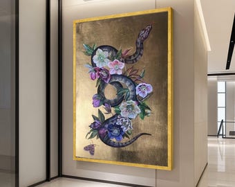 Impresión en lienzo de serpiente floral: arte mural botánico oscuro, decoración gótica, decoración de pared de serpiente lista para colgar