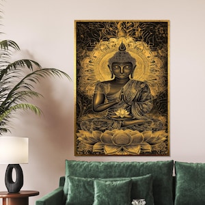 Golden Buddha Meditation Canvas, Spiritual Wall Art, Buddha Lotus Print, Mandala Design, Wall Art Canvas, Ready To Hang Decoration