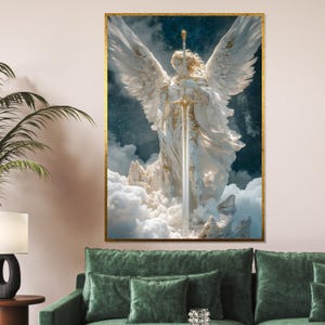 May include: A framed artwork shows a celestial figure with large white wings, holding a sword. The figure is draped in flowing white garments and stands amidst fluffy white clouds. The artwork has a gold frame and is displayed above a green sofa.