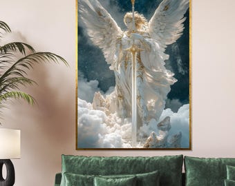 Archangel with Sword Statue – Celestial Warrior Angel Figurine – Guardian Angel Sculpture for Home Decor or Spiritual Altar