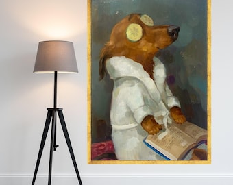 May include: A framed painting depicts a brown dog wearing a white robe and cucumber slices over its eyes. The dog is holding a book with a blue cover. The painting has a gold frame and is set against a dark background.