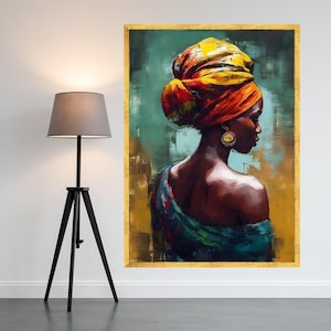 Elegant African Woman Portrait Canvas, Colorful Headwrap Wall Art, Ethnic Beauty Painting, Cultural Home Decor, Ready to Hang Ready To Hang