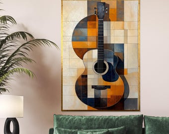 Könnte beinhalten: Abstrakte Malerei einer Akustikgitarre mit einem geometrischen Muster in Braun-, Orange-, Blau- und Weißtönen.
