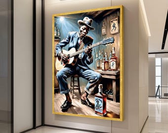 Lienzo decorativo de guitarrista de blues vintage, cuadro de músico de jazz, decoración de sala de música retro, impresión de arte instrumental, listo para colgar en casa.