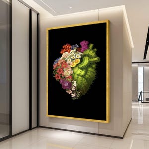 Botanical Heart Canvas Wall Art, Floral and Cactus Design, Nature Inspired Canvas, Modern Home Decoration, Unique Heart Shape Ready To Hang,