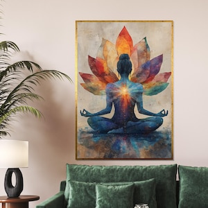 Toile de lotus méditatif, art du yoga, affiche de méditation colorée, toile d'art mural, énergie des chakras, décoration prête à accrocher