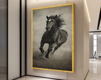 Lienzo de un majestuoso semental negro corriendo, arte mural ecuestre, lienzo de caballo al galope, retrato rústico de animal, decoración del hogar lista para colgar.