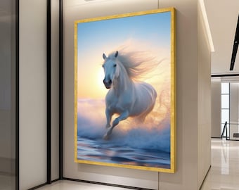 Majestuoso caballo blanco corriendo, lienzo de olas del océano, arte mural de playa al atardecer, lienzo de naturaleza ecuestre, lienzo de animales dinámicos, listo para colgar.