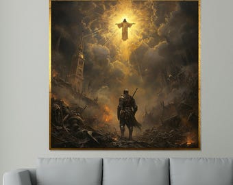 Ascension of Christ Canvas, Medieval Knight Wall Art, Dramatic Religious Scene, Ready to Hang Christian Home Decor