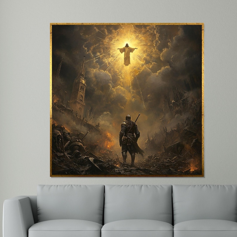 May include: A framed print depicting a dramatic scene of a warrior standing in a war-torn landscape, with a figure in the sky radiating light. The artwork features a gold frame and a detailed, dark color palette with fiery accents.