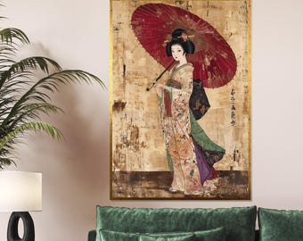 Geisha Umbrella Canvas, Traditional Art, Japanese Wall Art, Ethnic Framed Canvas, Wall Art Canvas Design, Ready to Hang Decoration