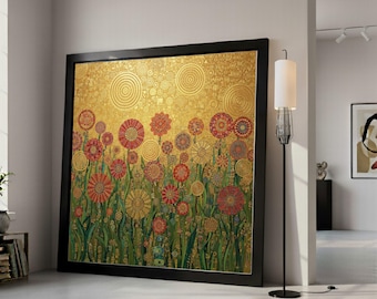 Gustav Klimt Floral Canvas Wall Art, Decorative Garden Flowers, Golden Abstract Canvas, Botanical Home Decoration, Ready to Ready To Hang,