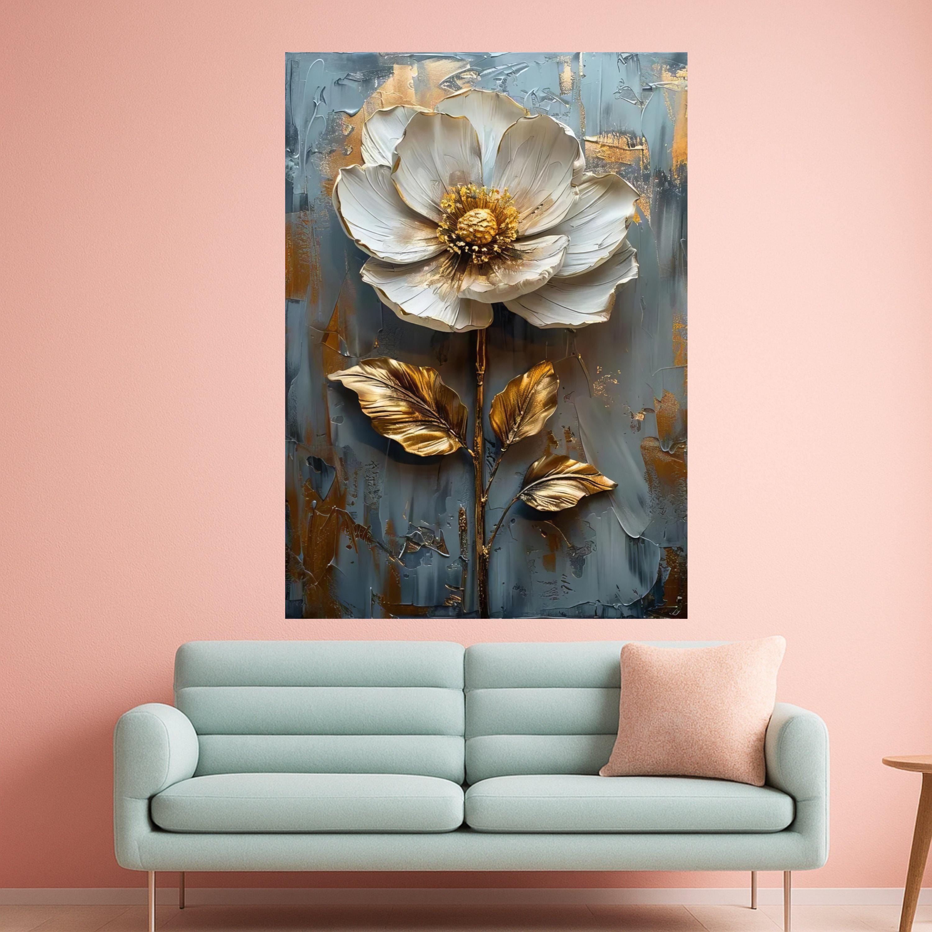 Elegant White and Gold Flower Canvas Wall Art, Floral Painting ...