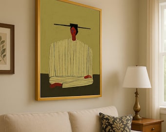Minimalist Abstract Figure, Striped Outfit Canvas, Modern Portrait Wall Art, Contemporary Home Decor, Artistic Expression Ready To Hang,