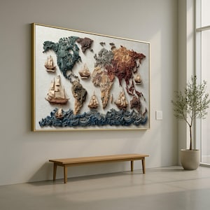 May include: A framed world map artwork with a gold frame. The map shows raised relief continents in various colours, with blue waves and wooden sailboats. The artwork hangs above a wooden bench in a modern interior setting.