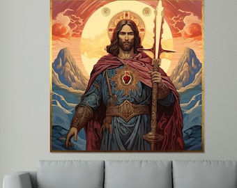 Sacred Heart of Jesus Canvas, Christian Wall Art, Holy Warrior Jesus Print, Religious Home Decor, Ready to Hang Artwork