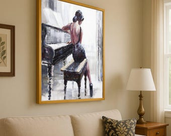 Elegante canvasafdruk pianist – Vrouw aan de piano muurkunst, romantisch muurdecor, impressionistische wanddecoratie klaar om op te hangen