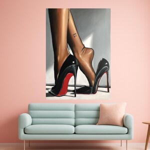 Elegant Black Red Sole Heels with Bare Feet Canvas, Fashion Wall Art, Stylish Footwear Painting, Modern Home Decor, Ready to Ready To Hang, image 6