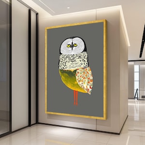 Lienzo con ilustración de búho caprichoso, arte mural de pájaros coloridos, estampado animal moderno, decoración única para el hogar, arte en lienzo inspirado en la naturaleza listo para colgar.