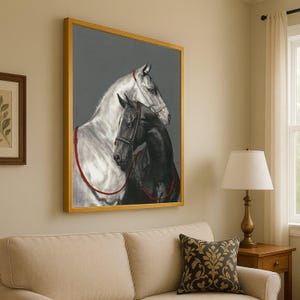 Elegant Black and White Horses Canvas, Equine Wall Art, Equestrian Animal Painting, Modern Canvas Decor, Horse Lover Gift, Ready To Hang,