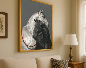 Elegante lienzo de caballos en blanco y negro, arte mural equino, pintura de animales ecuestres, decoración moderna en lienzo, regalo para amantes de los caballos, listo para colgar.