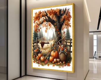 May include: A framed artwork depicting a fall scene with a large tree with orange leaves, a swing, pumpkins, and baskets filled with flowers and fruit. The artwork has a gold frame and is displayed on a white wall.