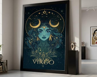 Può includere: Grande stampa artistica incorniciata con una donna dalla pelle verde acqua con capelli verde acqua fluenti, adornata da lune crescenti e stelle dorate. La parola "VIRGO" è visualizzata in oro in basso. Tema celeste.