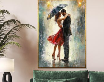 Lovers in the Rain Canvas, Romantic Couple Art, Umbrella Dance Print, Wall Art Canvas Design, Ready to Hang Decoration