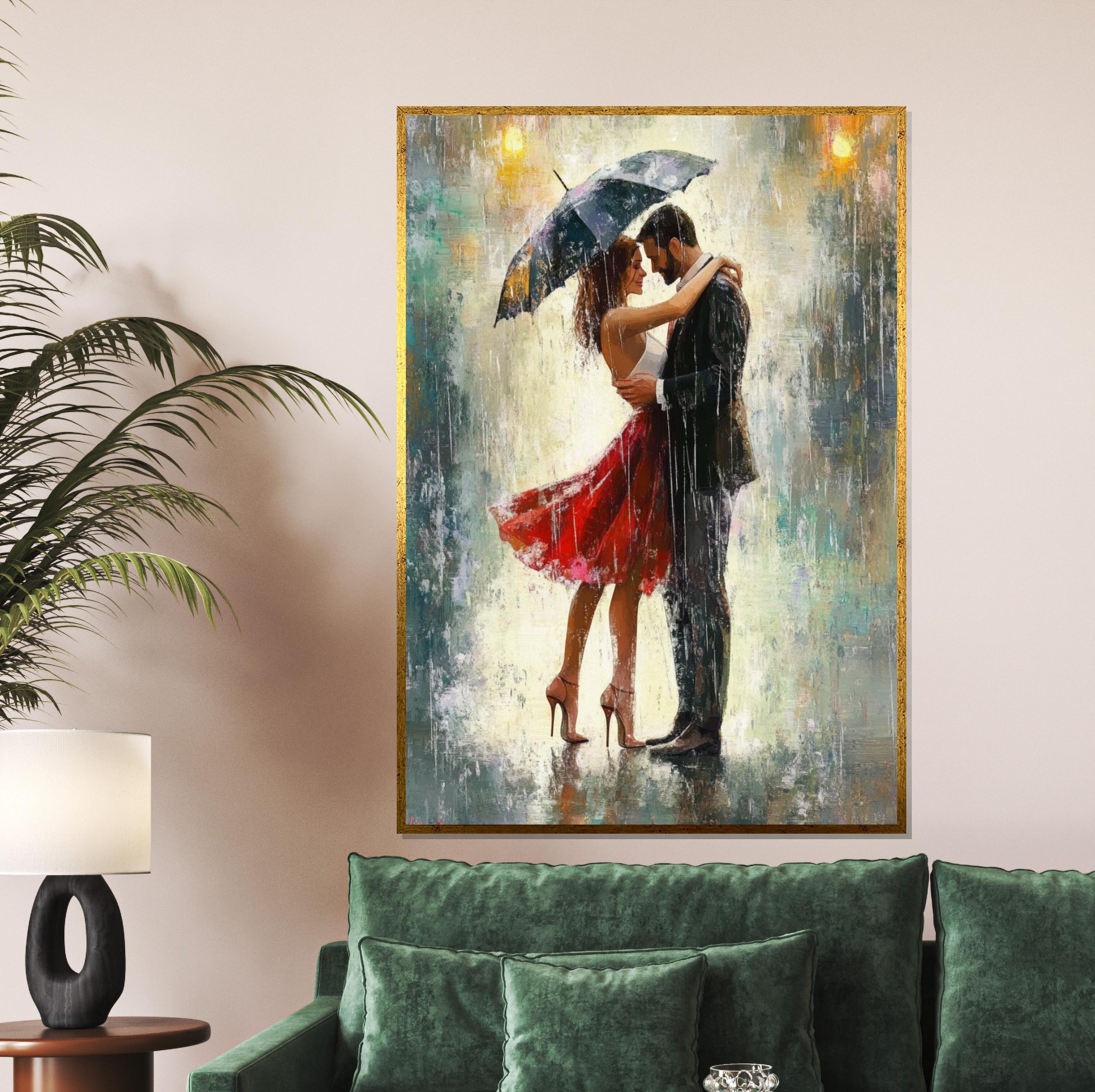 Lovers in the Rain Canvas, Romantic Couple Art, Umbrella Dance