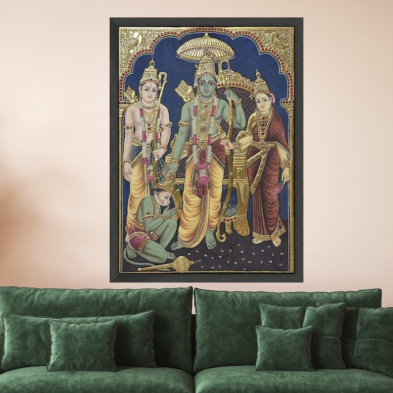 Impressão em tela estilo Tanjore Ram Darbar – Arte de parede hindu, decoração de parede, tela religiosa pronta para pendurar, decoração de parede tradicional indiana imagem 3