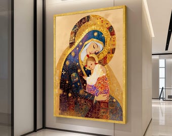 May include: A framed painting of a mother and child in a religious style. The artwork features a gold halo, a blue and gold robe, and a warm colour palette. The painting is displayed on a neutral wall in a well-lit hallway.