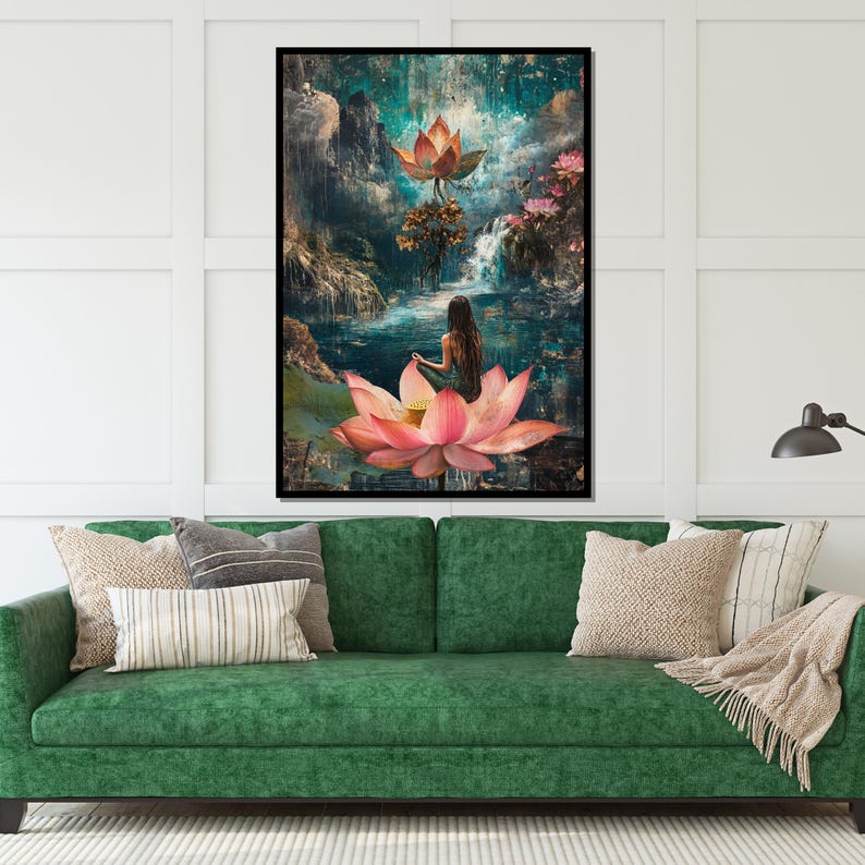 Mystical Lotus Meditation, Lotus Canvas Art, Serene Wall Art, Nature Zen Poster, Canvas Wall Design, Ready to Hang Decoration image 2