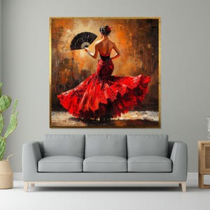 Flamenco Tänzer Leinwand, Spanischer Tanz Wandkunst, Rotes Kleid Leinwand Kunst, Elegante Tänzerin Poster, Wand Kunst Leinwanddesign, fertig zum Aufhängen