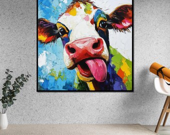 カラフルな牛のキャンバスアート、気まぐれな動物のウォールアート