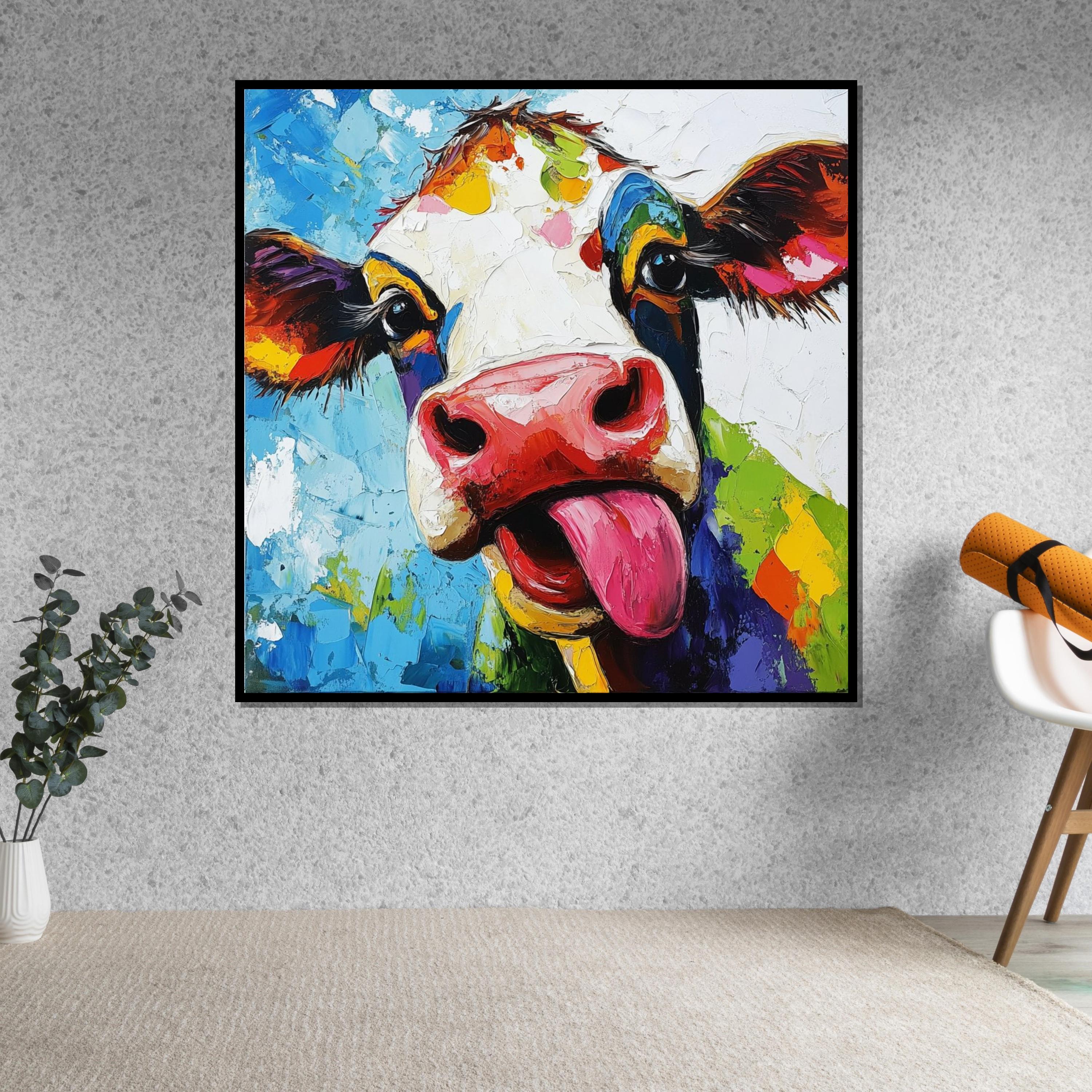 Colorful Cow Canvas Art, Whimsical Animal Wall Art, Multicolor Cow