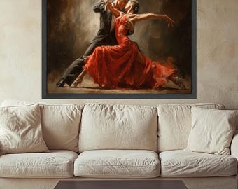 May include: A framed artwork depicts a passionate tango dance. A man in a black suit and a woman in a flowing red dress are captured mid-motion. The painting uses warm tones and dynamic brushstrokes to convey movement and emotion.