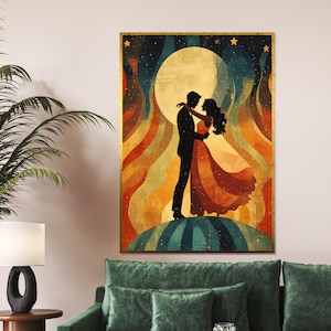 Starry Night Dance, Romantic Silhouette Canvas, Lovers Wall Art, Moonlight Embrace Design, Colorful Wall Art Canvas, Ready to Hang Decor