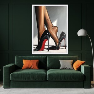 Elegant Black Red Sole Heels with Bare Feet Canvas, Fashion Wall Art, Stylish Footwear Painting, Modern Home Decor, Ready to Ready To Hang, image 5
